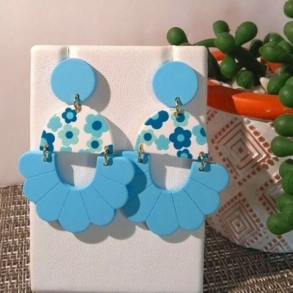 Baby Blue Flowers Polymer Clay Drop Earrings - Picture 1 of 3